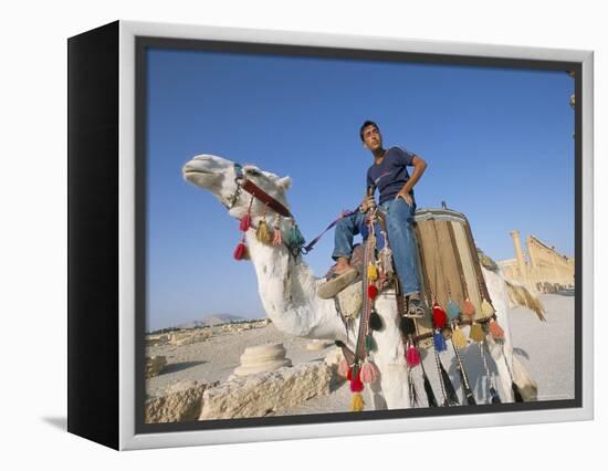 Teenage Boy on Camel in Front of the Great Colonnade, Palmyra, Syria, Middle East-Alison Wright-Framed Premier Image Canvas