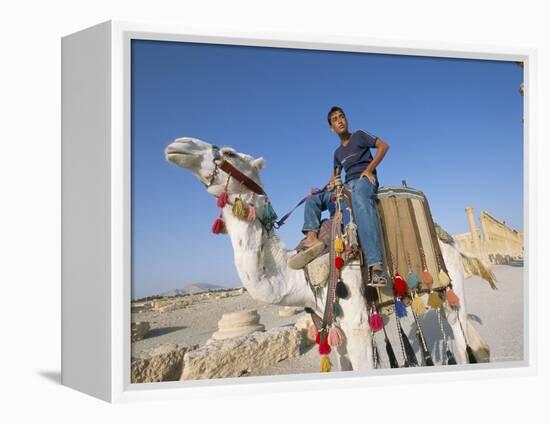 Teenage Boy on Camel in Front of the Great Colonnade, Palmyra, Syria, Middle East-Alison Wright-Framed Premier Image Canvas