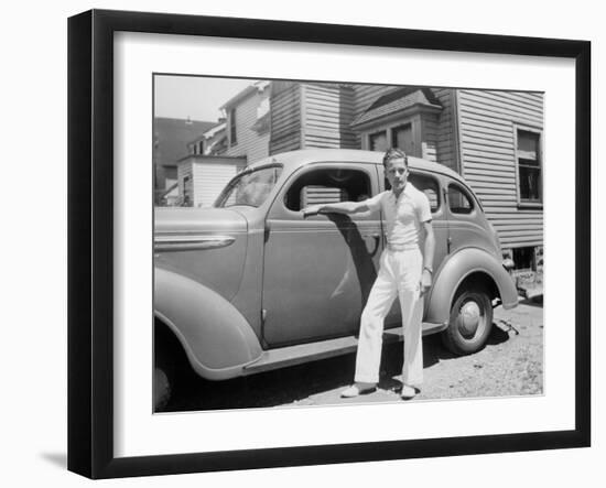 Teenage Boy Poses with the Family Car, Ca. 1940.-Kirn Vintage Stock-Framed Photographic Print