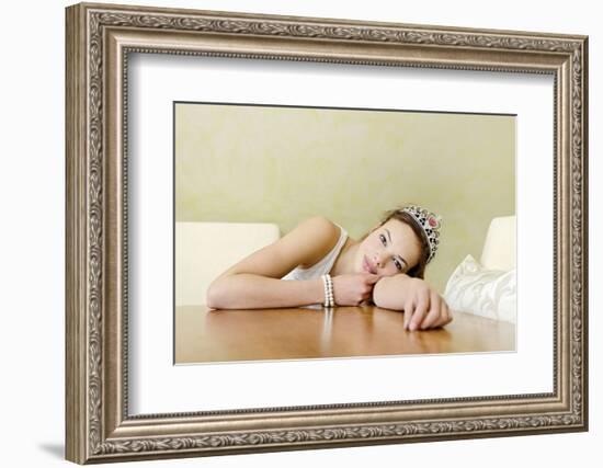 Teenage Girl Sitting with Tiara at the Table, Playing Princess, Portrait-Axel Schmies-Framed Photographic Print