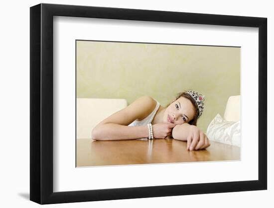 Teenage Girl Sitting with Tiara at the Table, Playing Princess, Portrait-Axel Schmies-Framed Photographic Print