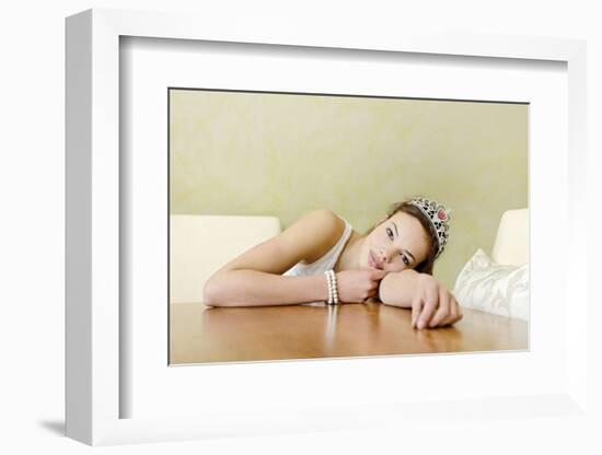 Teenage Girl Sitting with Tiara at the Table, Playing Princess, Portrait-Axel Schmies-Framed Photographic Print