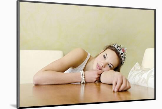 Teenage Girl Sitting with Tiara at the Table, Playing Princess, Portrait-Axel Schmies-Mounted Photographic Print