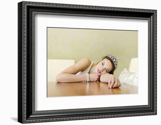 Teenage Girl Sitting with Tiara at the Table, Playing Princess, Portrait-Axel Schmies-Framed Photographic Print