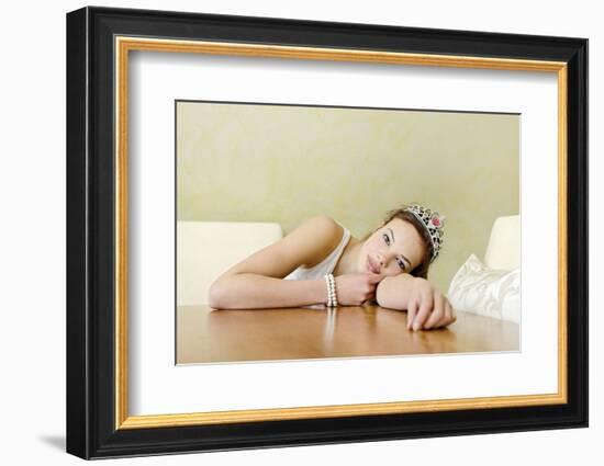 Teenage Girl Sitting with Tiara at the Table, Playing Princess, Portrait-Axel Schmies-Framed Photographic Print