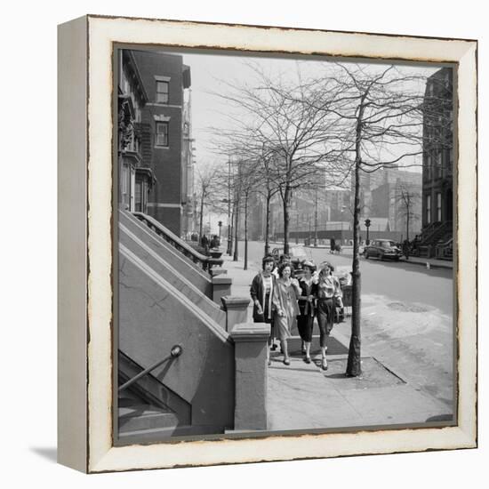 Teenage Girls Walking Down Sidewalk in Brooklyn, NY, 1949-Ralph Morse-Framed Premier Image Canvas