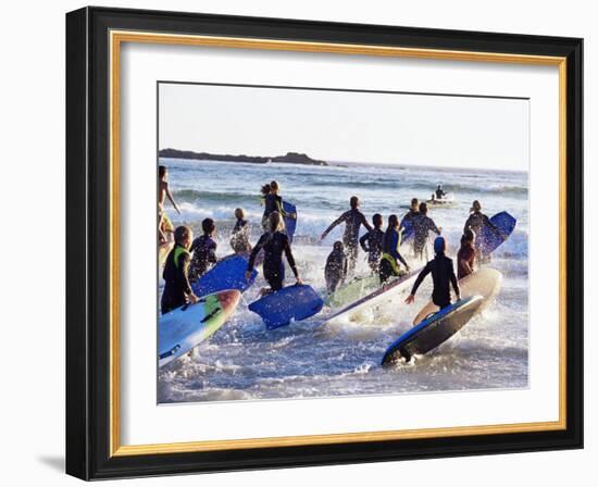 Teenage Surfers Running with Their Boards Towards the Water at a Life Saving Competition-Yadid Levy-Framed Photographic Print