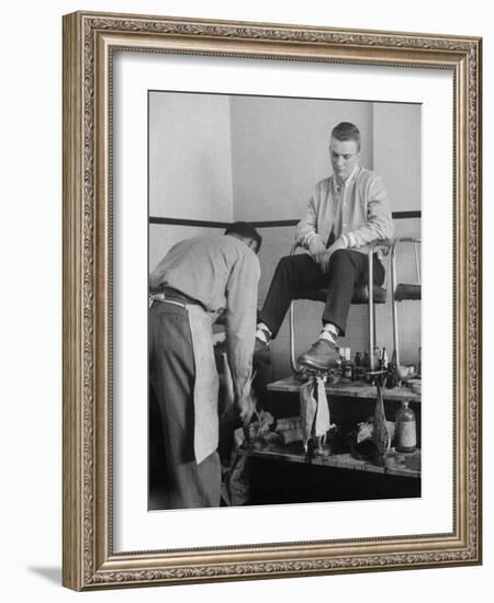 Teenager Getting Shoes Shined-Nina Leen-Framed Photographic Print