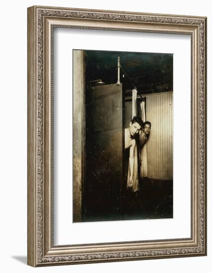 Telegraph boys using shower baths, Postal Tel. Co., Broadway, New York, 1910-Lewis Wickes Hine-Framed Photographic Print