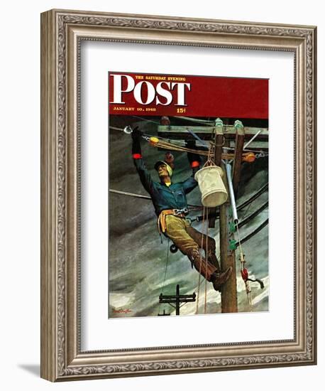 "Telephone Lineman," Saturday Evening Post Cover, January 10, 1948-Mead Schaeffer-Framed Giclee Print