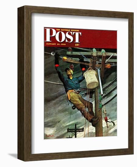 "Telephone Lineman," Saturday Evening Post Cover, January 10, 1948-Mead Schaeffer-Framed Giclee Print