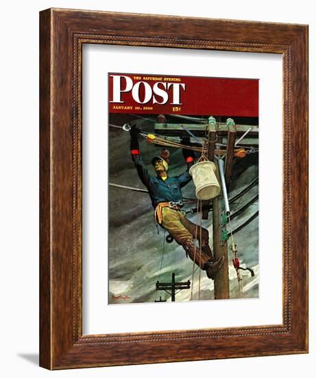 "Telephone Lineman," Saturday Evening Post Cover, January 10, 1948-Mead Schaeffer-Framed Giclee Print