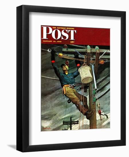 "Telephone Lineman," Saturday Evening Post Cover, January 10, 1948-Mead Schaeffer-Framed Giclee Print