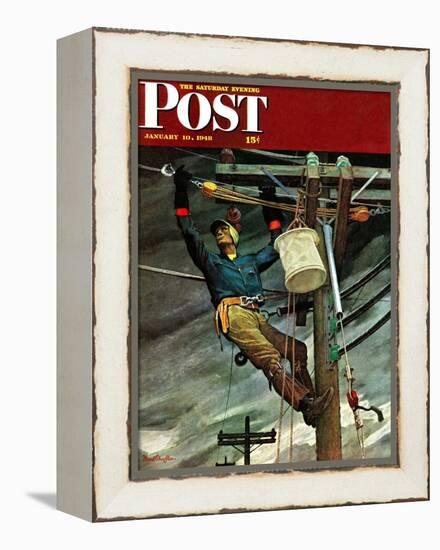 "Telephone Lineman," Saturday Evening Post Cover, January 10, 1948-Mead Schaeffer-Framed Premier Image Canvas