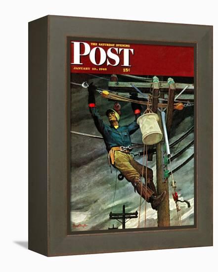 "Telephone Lineman," Saturday Evening Post Cover, January 10, 1948-Mead Schaeffer-Framed Premier Image Canvas