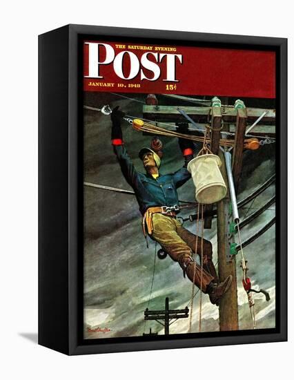 "Telephone Lineman," Saturday Evening Post Cover, January 10, 1948-Mead Schaeffer-Framed Premier Image Canvas