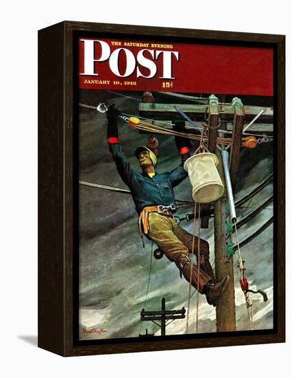 "Telephone Lineman," Saturday Evening Post Cover, January 10, 1948-Mead Schaeffer-Framed Premier Image Canvas