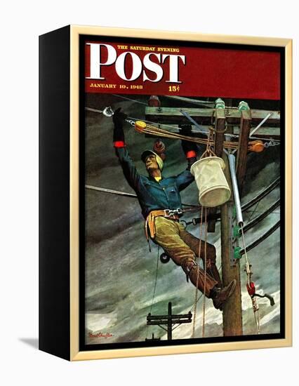 "Telephone Lineman," Saturday Evening Post Cover, January 10, 1948-Mead Schaeffer-Framed Premier Image Canvas