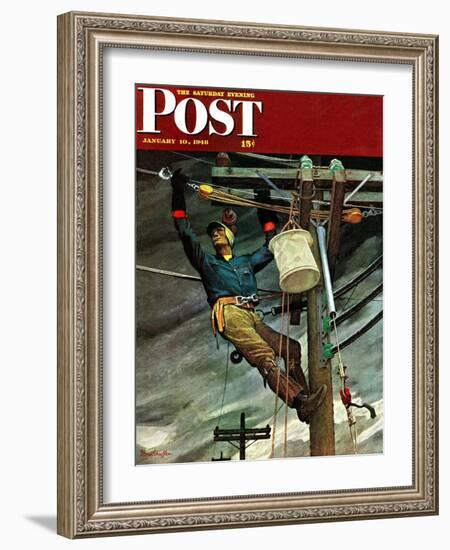 "Telephone Lineman," Saturday Evening Post Cover, January 10, 1948-Mead Schaeffer-Framed Giclee Print