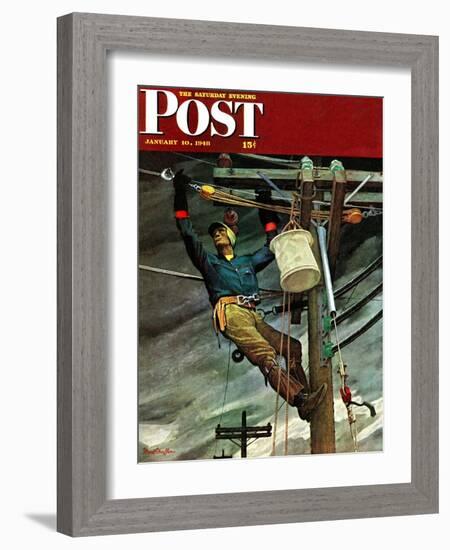 "Telephone Lineman," Saturday Evening Post Cover, January 10, 1948-Mead Schaeffer-Framed Giclee Print