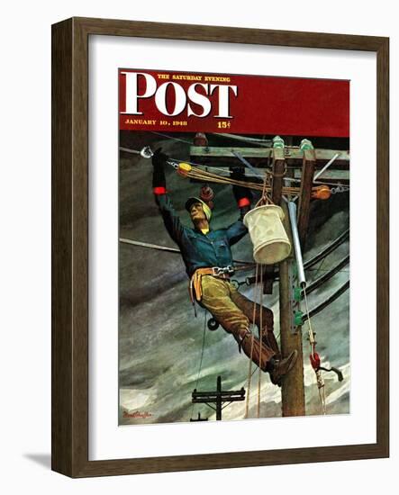 "Telephone Lineman," Saturday Evening Post Cover, January 10, 1948-Mead Schaeffer-Framed Giclee Print