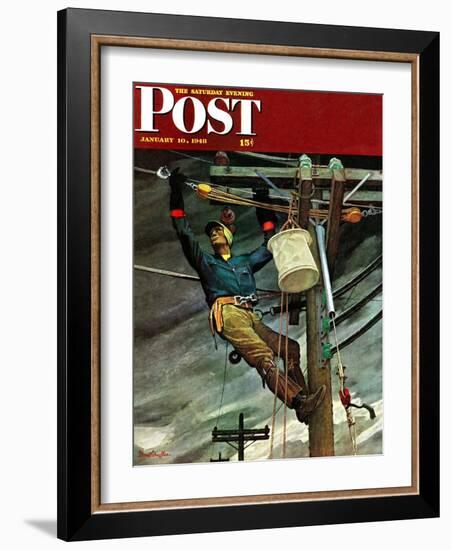 "Telephone Lineman," Saturday Evening Post Cover, January 10, 1948-Mead Schaeffer-Framed Giclee Print