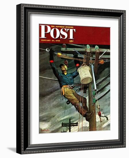 "Telephone Lineman," Saturday Evening Post Cover, January 10, 1948-Mead Schaeffer-Framed Giclee Print