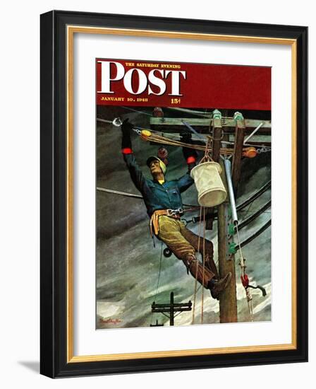 "Telephone Lineman," Saturday Evening Post Cover, January 10, 1948-Mead Schaeffer-Framed Giclee Print