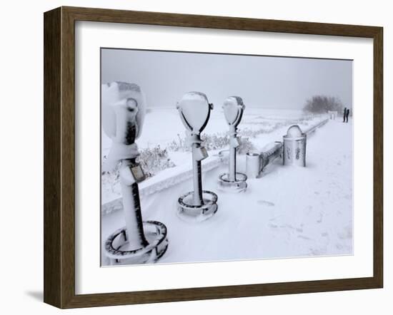 Telescope Viewers are Covered in Snow Overlooking Lighthouse Beach in Chatham, Massachusetts-null-Framed Photographic Print