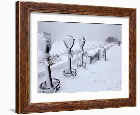 Telescope Viewers are Covered in Snow Overlooking Lighthouse Beach in Chatham, Massachusetts-null-Framed Photographic Print