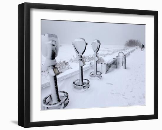 Telescope Viewers are Covered in Snow Overlooking Lighthouse Beach in Chatham, Massachusetts-null-Framed Photographic Print