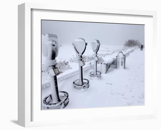 Telescope Viewers are Covered in Snow Overlooking Lighthouse Beach in Chatham, Massachusetts-null-Framed Photographic Print