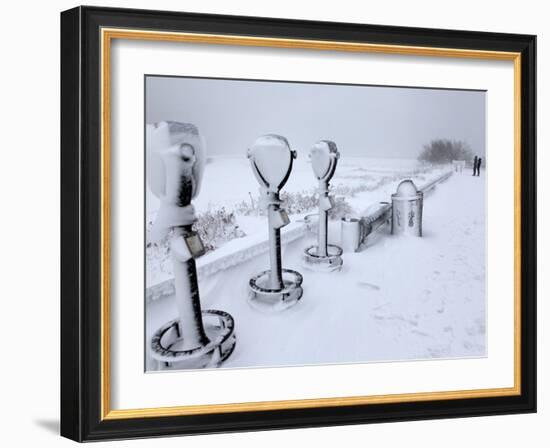 Telescope Viewers are Covered in Snow Overlooking Lighthouse Beach in Chatham, Massachusetts-null-Framed Photographic Print