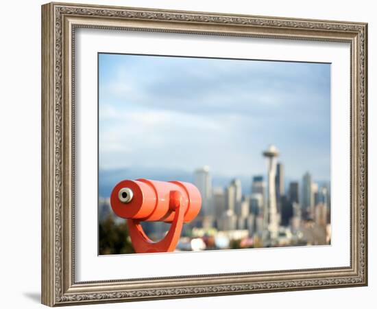 Telescope with View of Seattle Skyline in Distance, Kerry Park, Seattle, Washington State, USA-Aaron McCoy-Framed Photographic Print