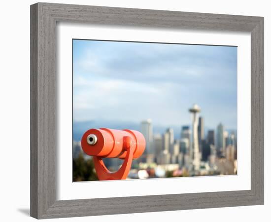 Telescope with View of Seattle Skyline in Distance, Kerry Park, Seattle, Washington State, USA-Aaron McCoy-Framed Photographic Print