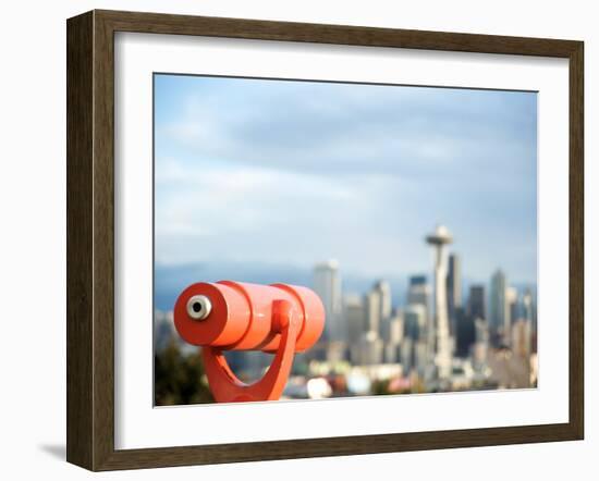 Telescope with View of Seattle Skyline in Distance, Kerry Park, Seattle, Washington State, USA-Aaron McCoy-Framed Photographic Print