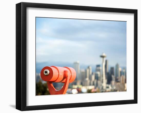 Telescope with View of Seattle Skyline in Distance, Kerry Park, Seattle, Washington State, USA-Aaron McCoy-Framed Photographic Print