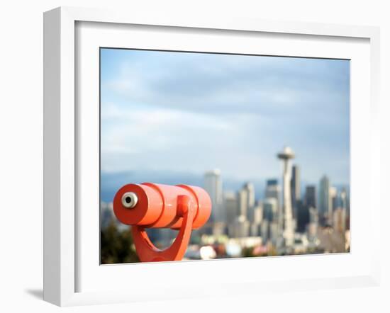 Telescope with View of Seattle Skyline in Distance, Kerry Park, Seattle, Washington State, USA-Aaron McCoy-Framed Photographic Print