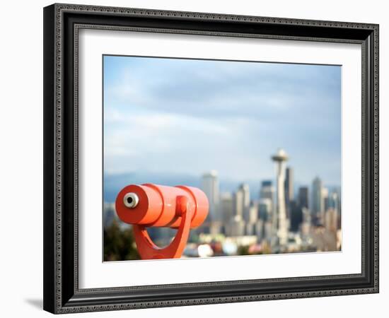 Telescope with View of Seattle Skyline in Distance, Kerry Park, Seattle, Washington State, USA-Aaron McCoy-Framed Photographic Print