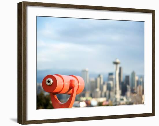 Telescope with View of Seattle Skyline in Distance, Kerry Park, Seattle, Washington State, USA-Aaron McCoy-Framed Photographic Print