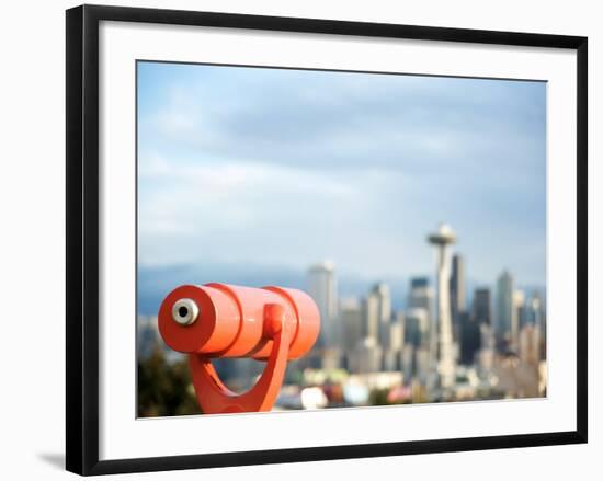 Telescope with View of Seattle Skyline in Distance, Kerry Park, Seattle, Washington State, USA-Aaron McCoy-Framed Photographic Print