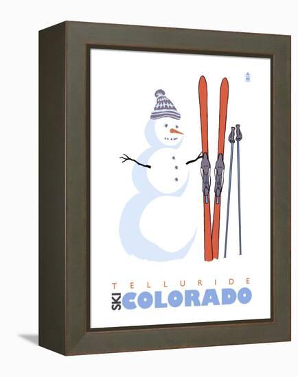 Telluride, Colorado, Snowman with Skis-Lantern Press-Framed Stretched Canvas
