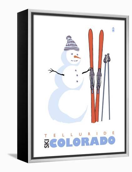 Telluride, Colorado, Snowman with Skis-Lantern Press-Framed Stretched Canvas