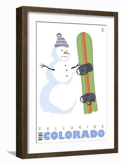 Telluride, Colorado, Snowman with Snowboard-Lantern Press-Framed Art Print