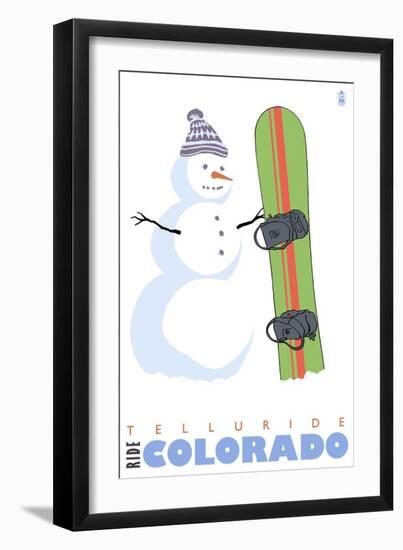 Telluride, Colorado, Snowman with Snowboard-Lantern Press-Framed Art Print