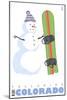 Telluride, Colorado, Snowman with Snowboard-Lantern Press-Mounted Art Print