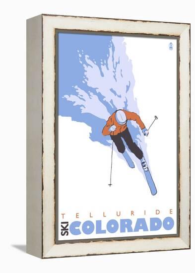 Telluride, Colorado, Stylized Skier-Lantern Press-Framed Stretched Canvas