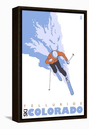 Telluride, Colorado, Stylized Skier-Lantern Press-Framed Stretched Canvas