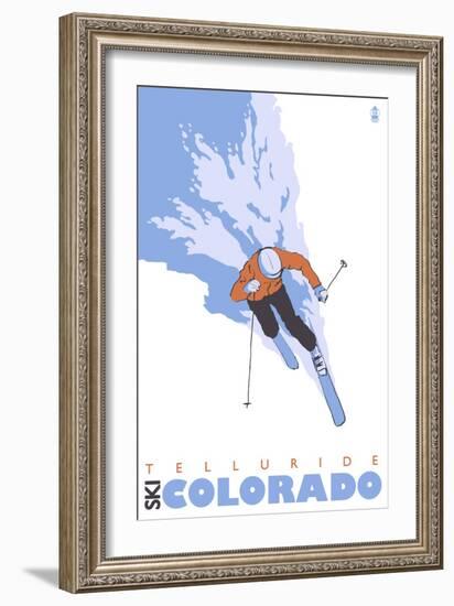 Telluride, Colorado, Stylized Skier-Lantern Press-Framed Art Print