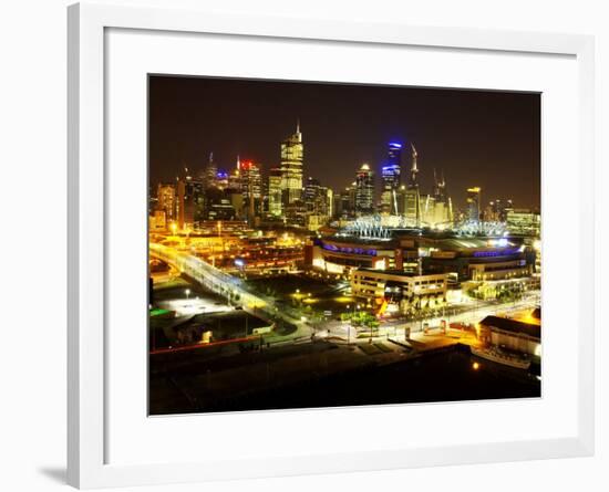Telsta Dome and Melbourne CBD at Night, Victoria, Australia-David Wall-Framed Photographic Print